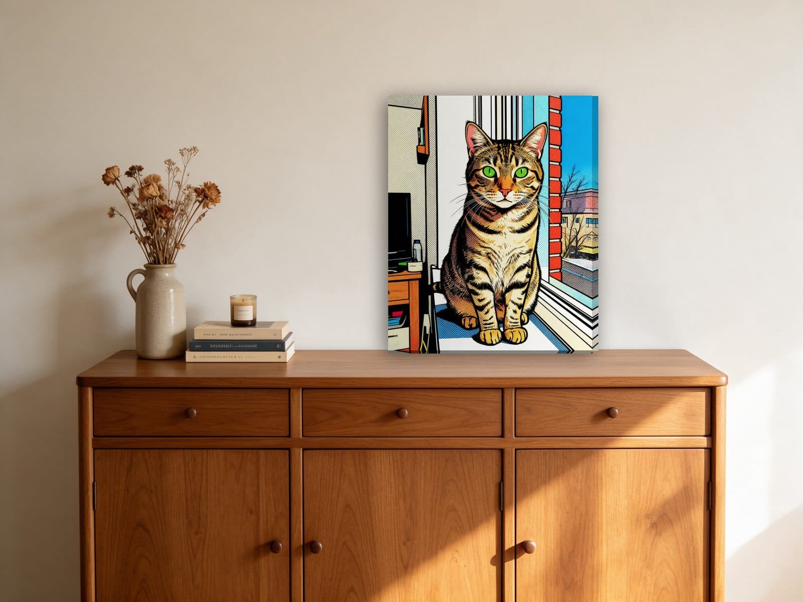 A pop art canvas of a tabby cat leaning on a wooden sideboard
