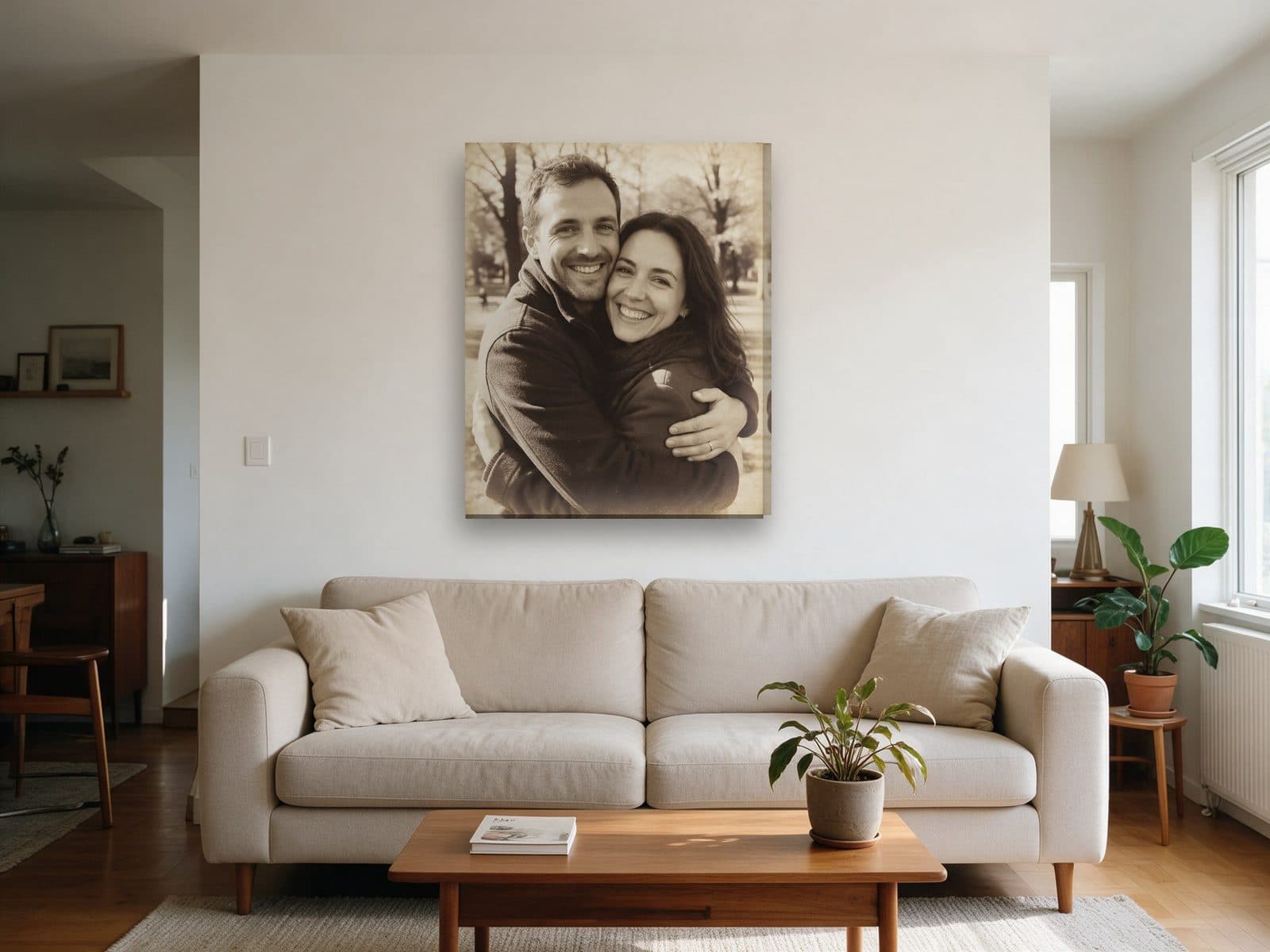 A vintage sepia canvas of a couple above a sofa
