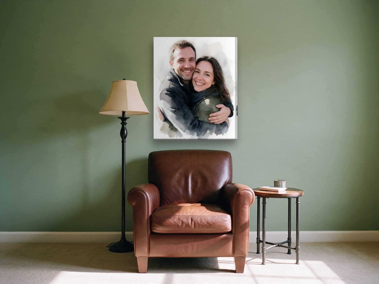 Watercolor canvas of a smiling couple above a leather armchair