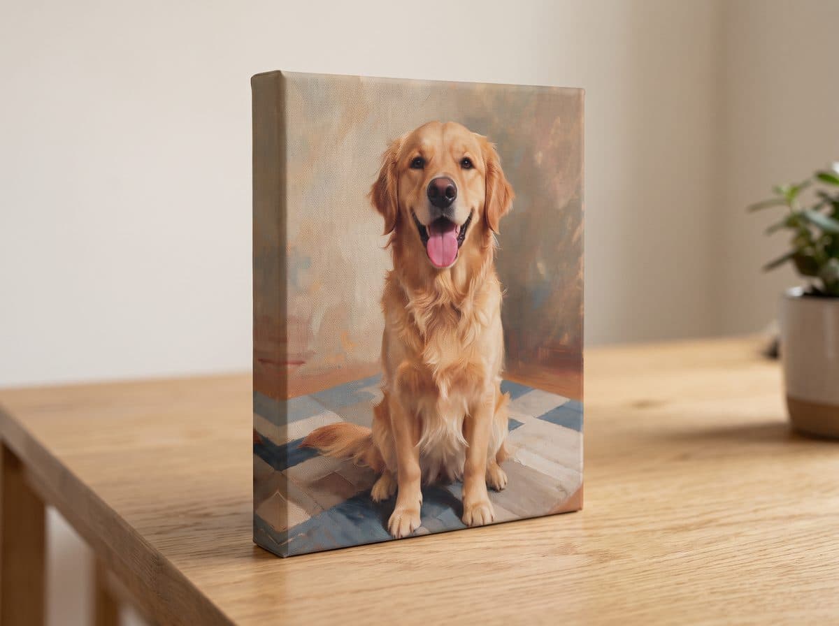 A gallery-wrapped canvas of a dog oil painting standing on a table, showing its deep side