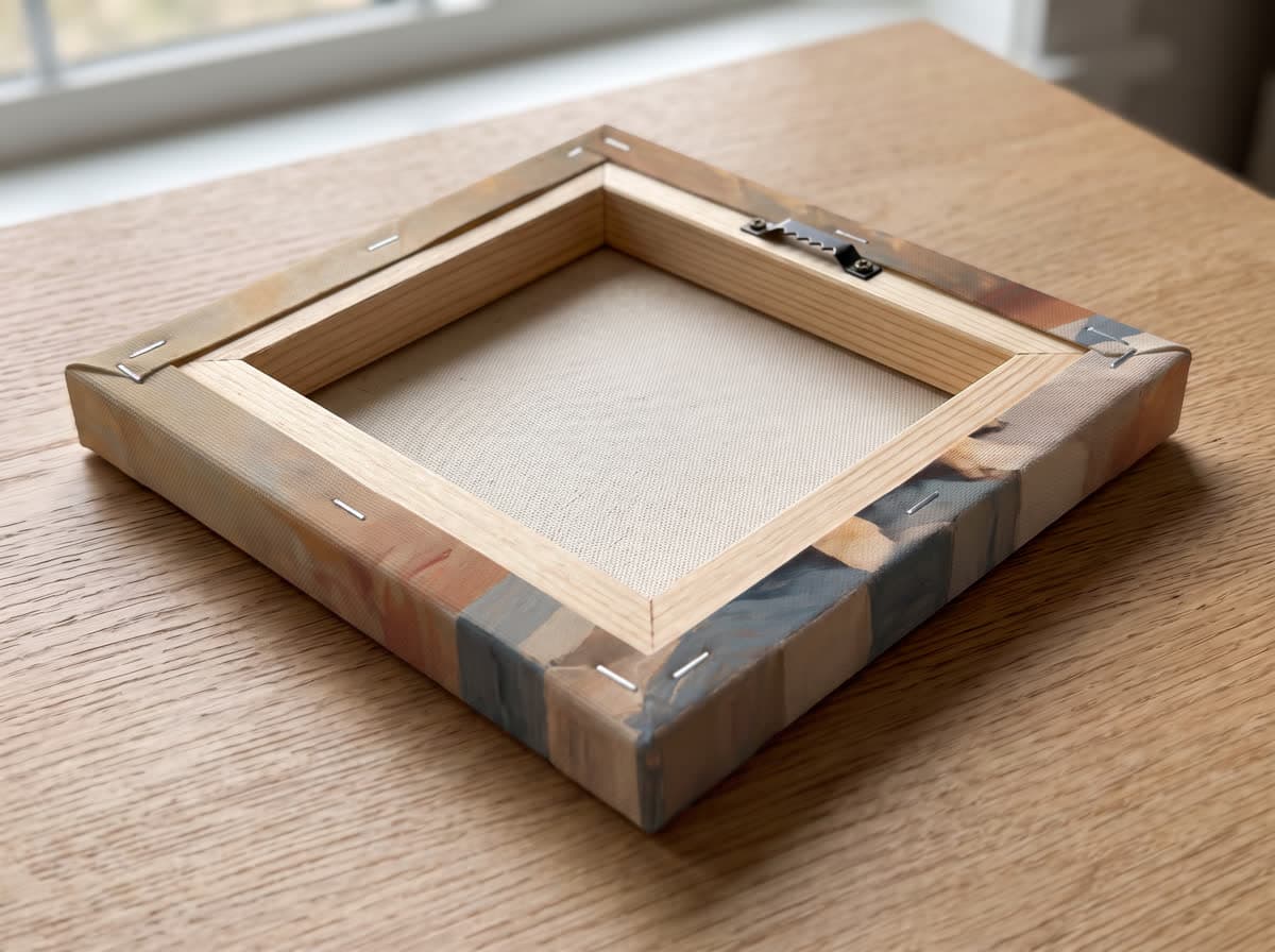 The back of a stretched canvas with wooden stretcher bars and a hanging bracket