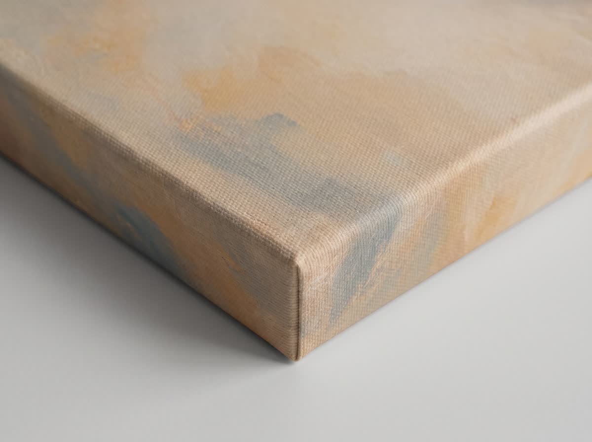 Close-up of a canvas corner showing the woven texture and the image wrapping around the edge