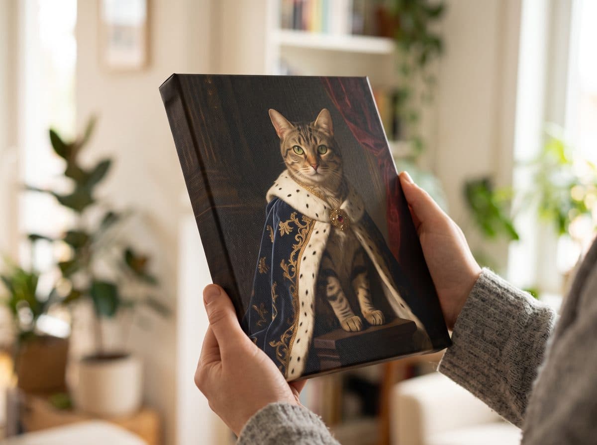 Hands holding a royal portrait canvas of a tabby cat