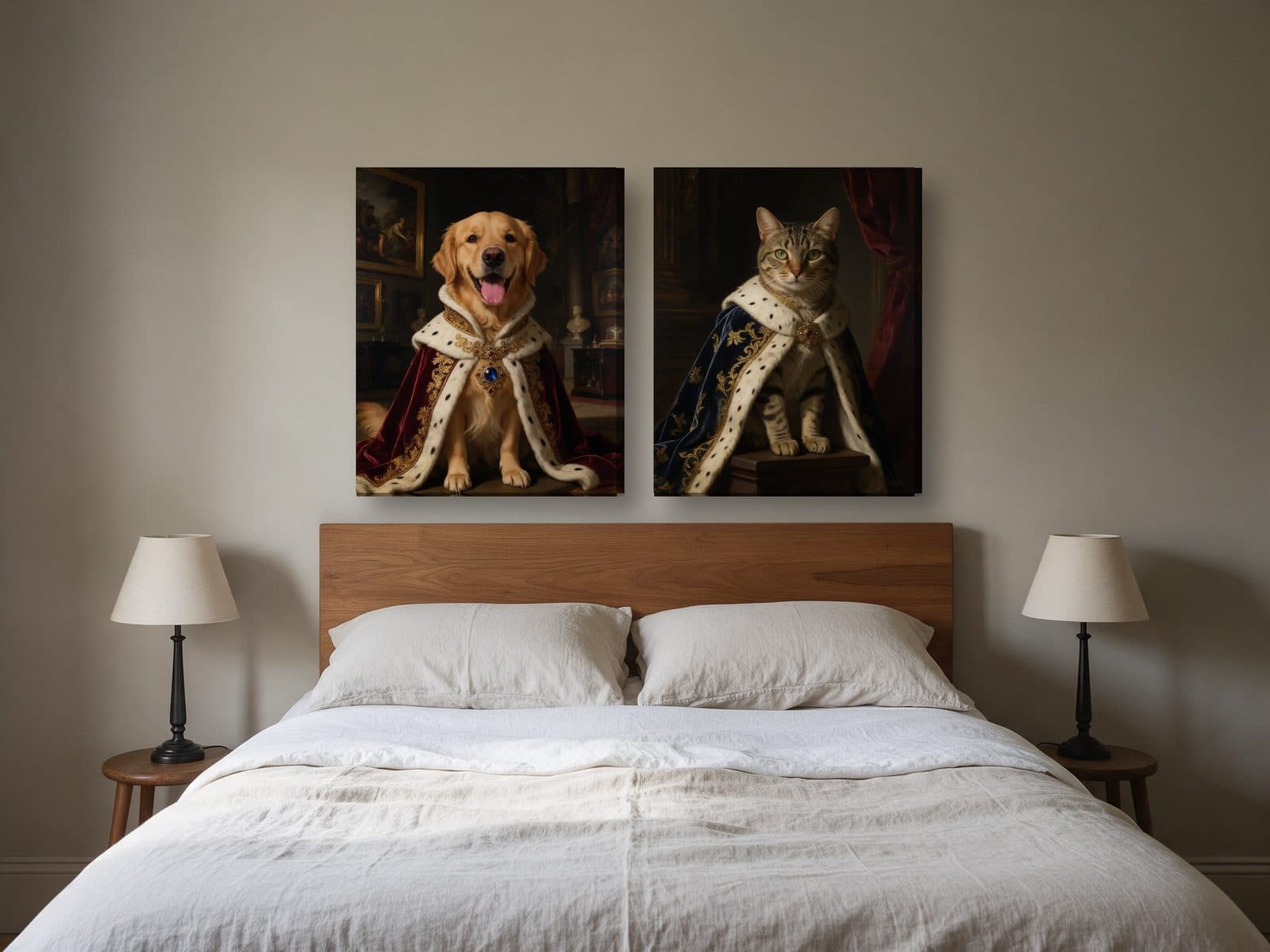 Royal portrait canvases of a golden retriever and a tabby cat above a bed
