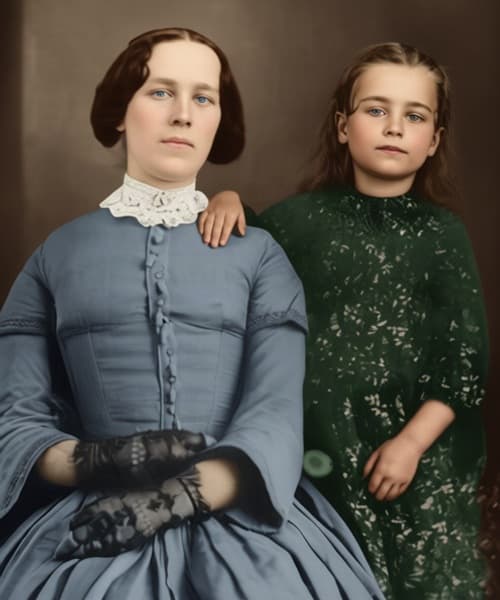 Historical portrait of a woman and girl, restored and colorized with AI